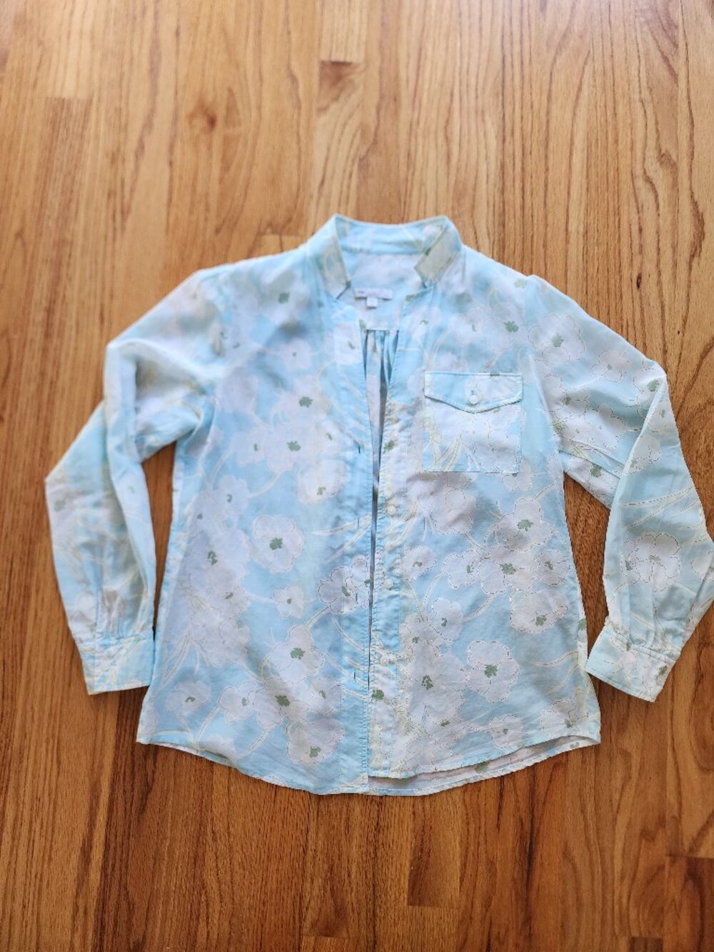 Gap Women's Light Blue Floral V-Neck Button Down Blouse Size Small